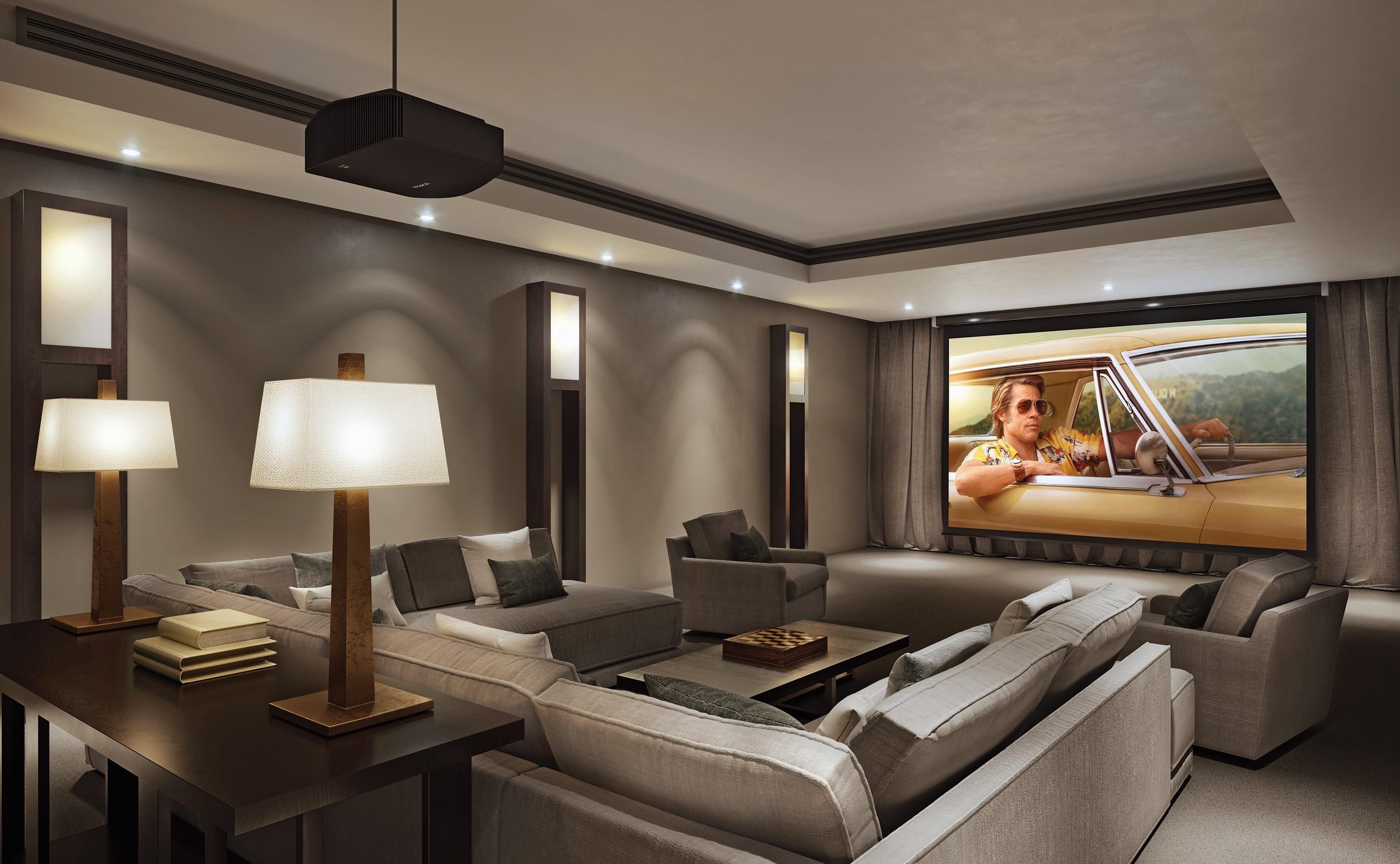 Custom home theater with integrated smart controls for audio, video and lighting